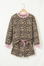 Pink leopard print contrast edge long sleeve pullover and shorts set by Dear-Lover, stylish two-piece polyester and elastane casual outfit.