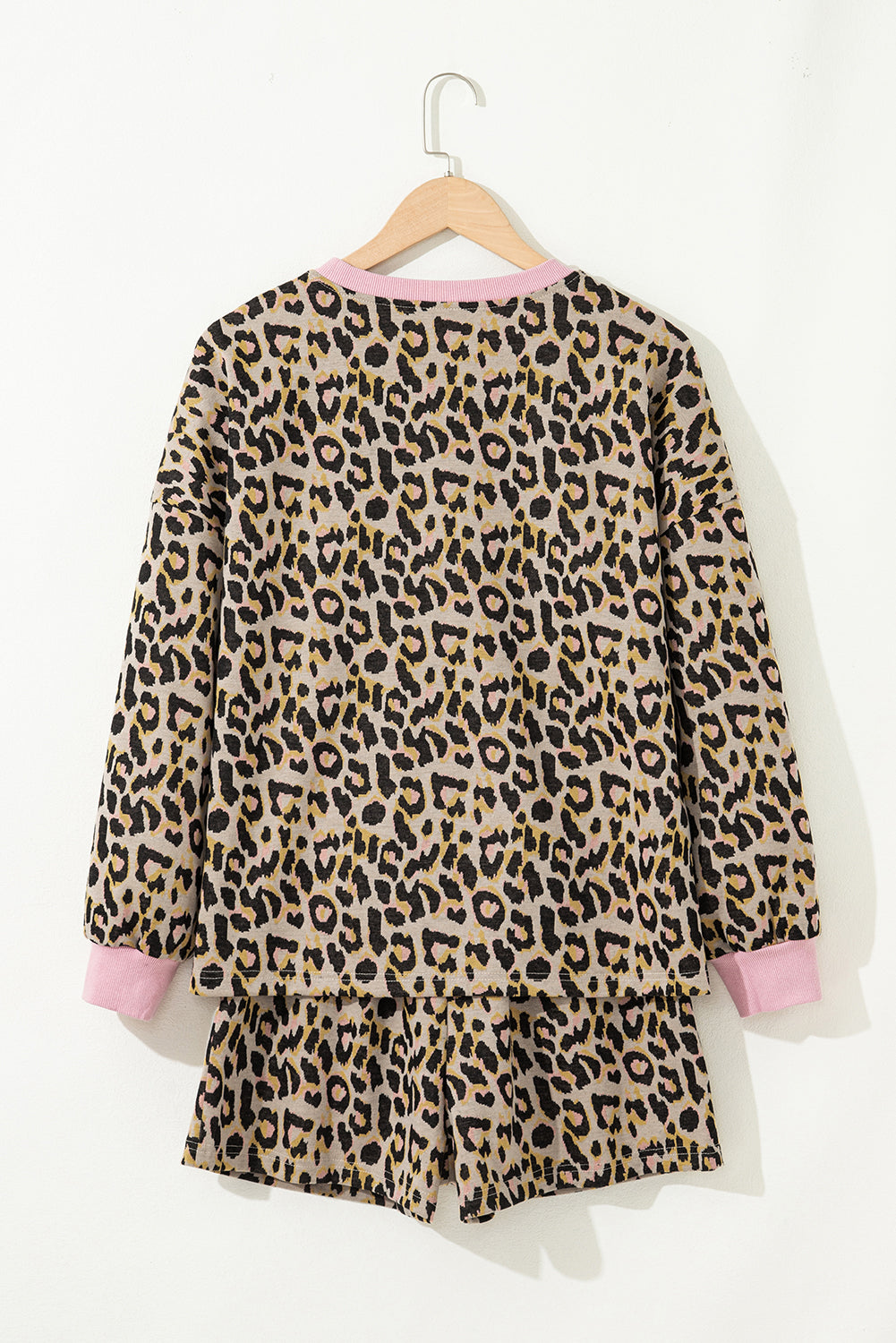Pink leopard print contrast edge long sleeve pullover and shorts set by Dear-Lover, featuring a stylish two-piece short set design.