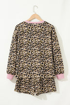 Pink leopard print contrast edge long sleeve pullover and shorts set by Dear-Lover, featuring a stylish two-piece short set design.