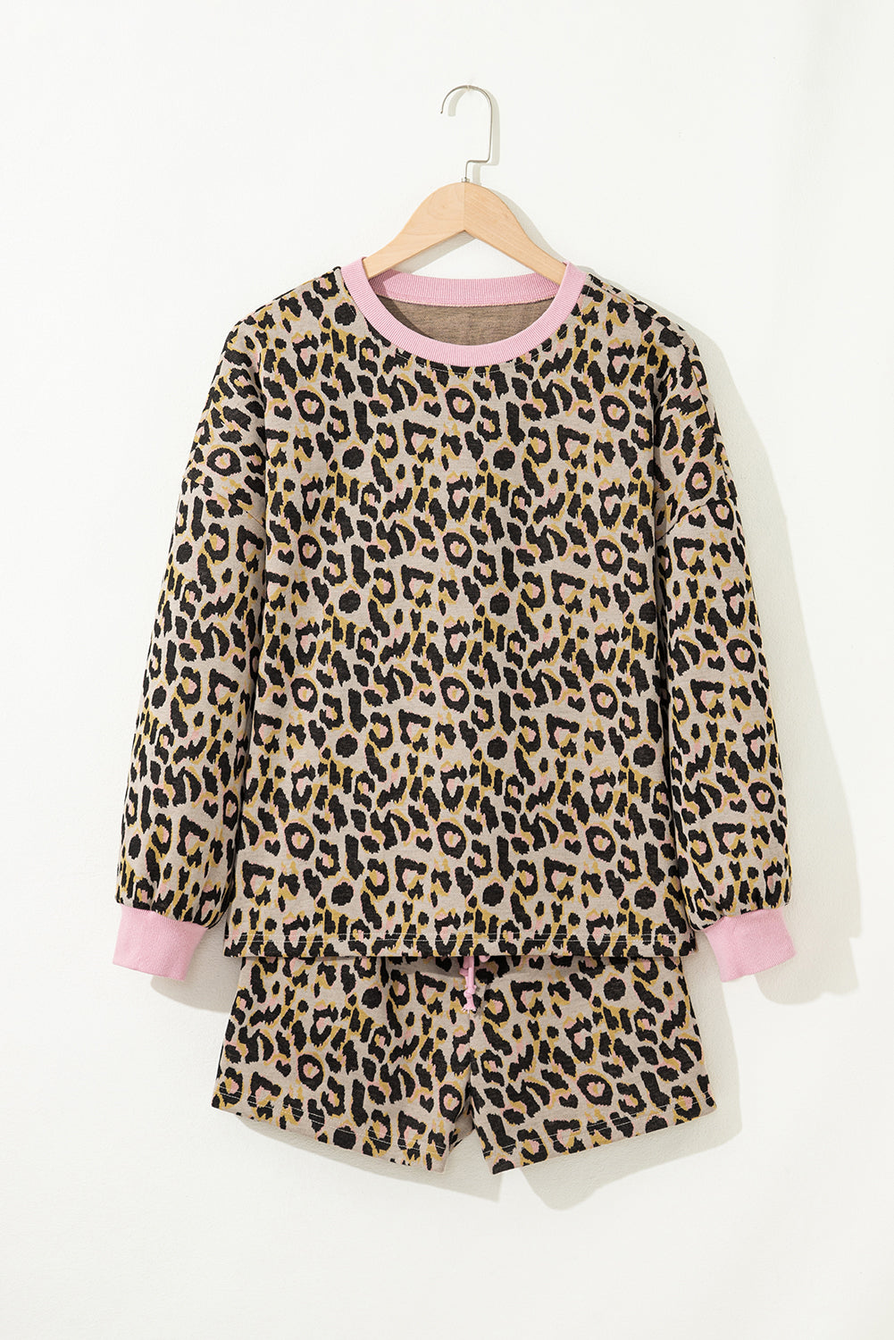 Pink leopard print contrast edge long sleeve pullover and shorts set by Dear-Lover, stylish two-piece casual outfit for women.