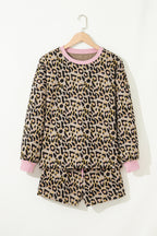 Pink leopard print contrast edge long sleeve pullover and shorts set by Dear-Lover, stylish two-piece casual outfit for women.