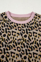 Pink leopard print long sleeve pullover and shorts set by Dear-Lover, featuring contrast edge details in a stylish two-piece design.