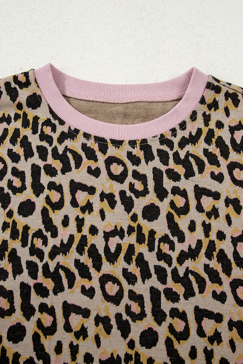 Pink leopard print long sleeve pullover and shorts set by Dear-Lover, featuring contrast edge details in a stylish two-piece design.