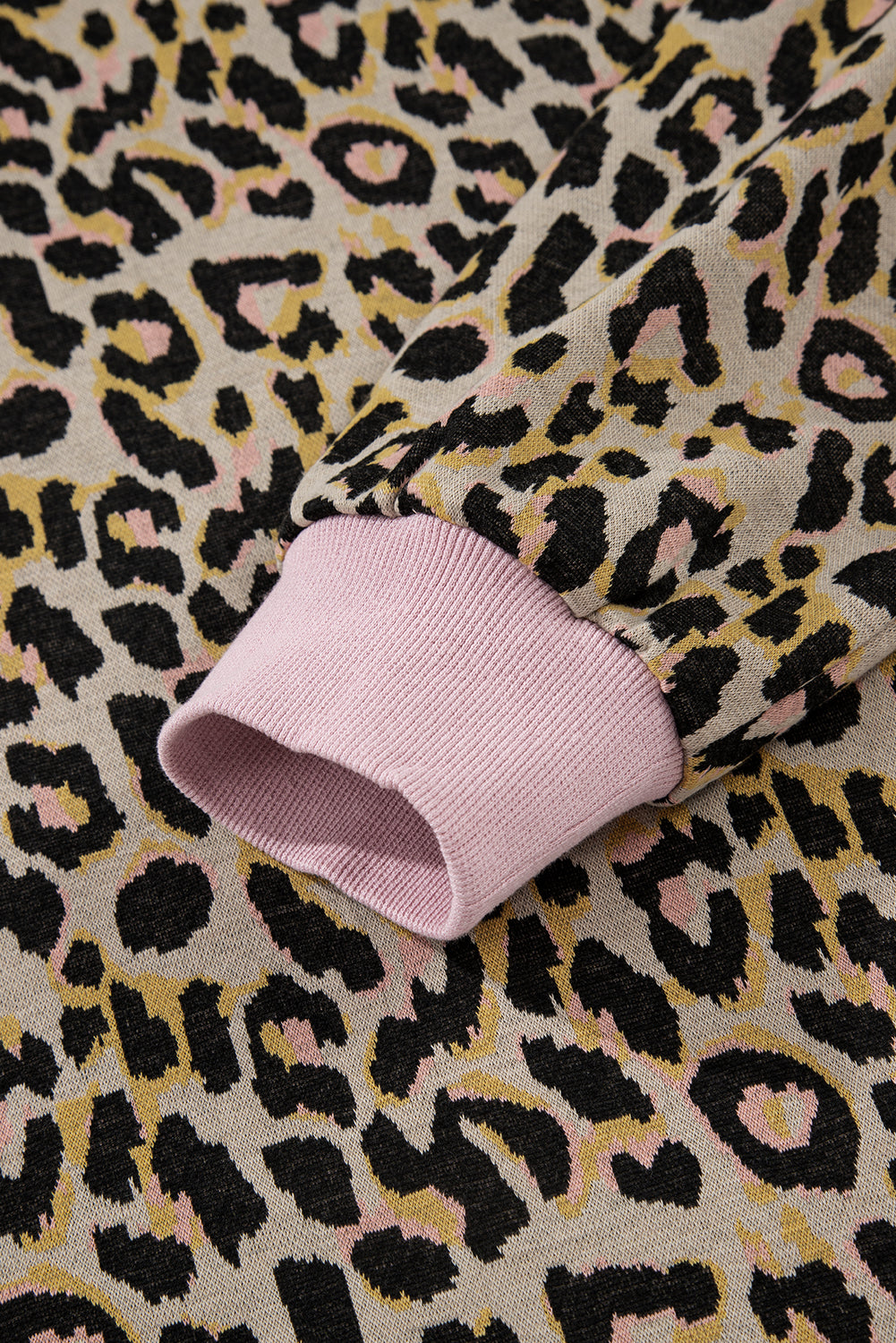 Pink leopard print contrast edge long sleeve pullover and shorts set by Dear-Lover, stylish two-piece short set in polyester and elastane.