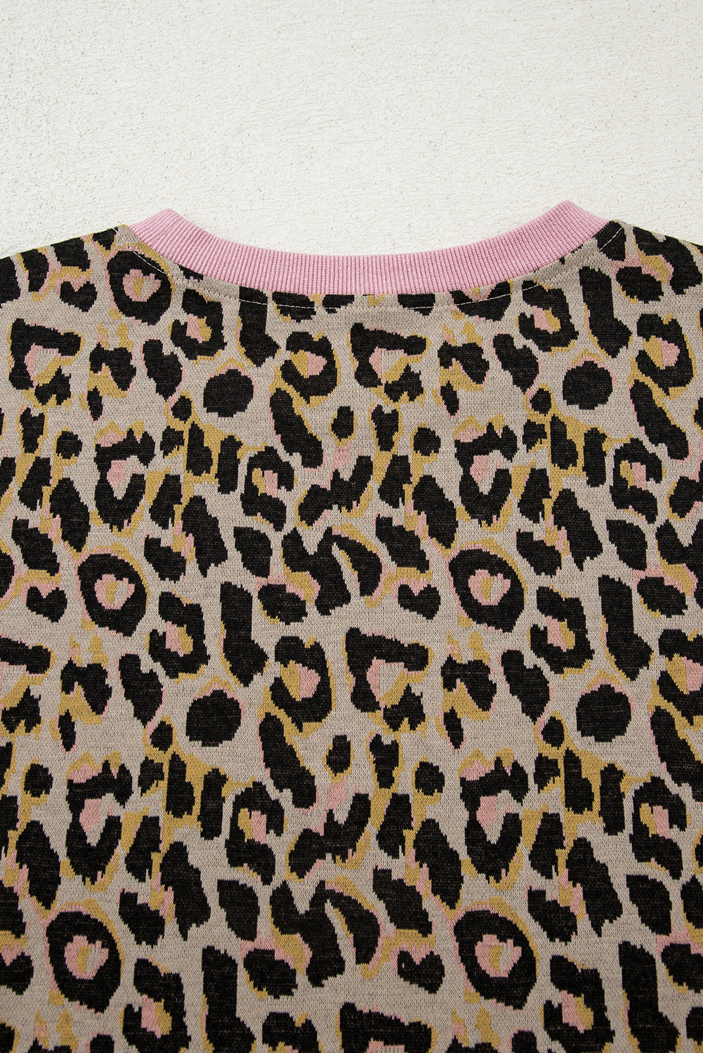 Pink leopard print long sleeve pullover and shorts set from Dear-Lover, featuring contrast edge design and comfortable polyester blend fabric.