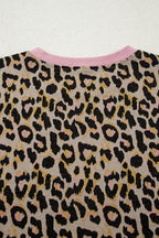 Pink leopard print long sleeve pullover and shorts set from Dear-Lover, featuring contrast edge design and comfortable polyester blend fabric.