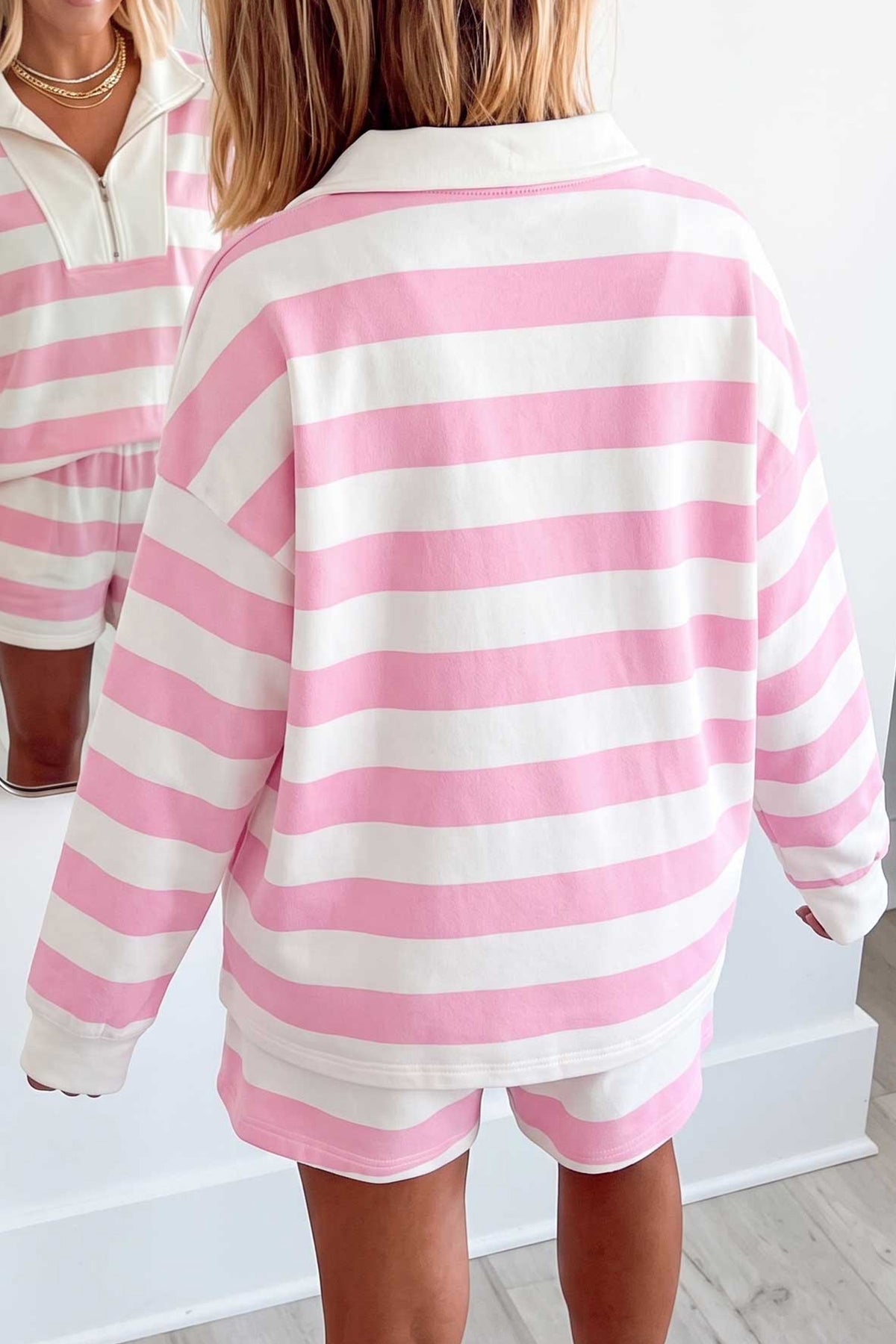 Pink stripe patchwork zipper pullover and elastic waist shorts 2-piece set by Dear-Lover Dropshipping, soft cotton blend fabric.