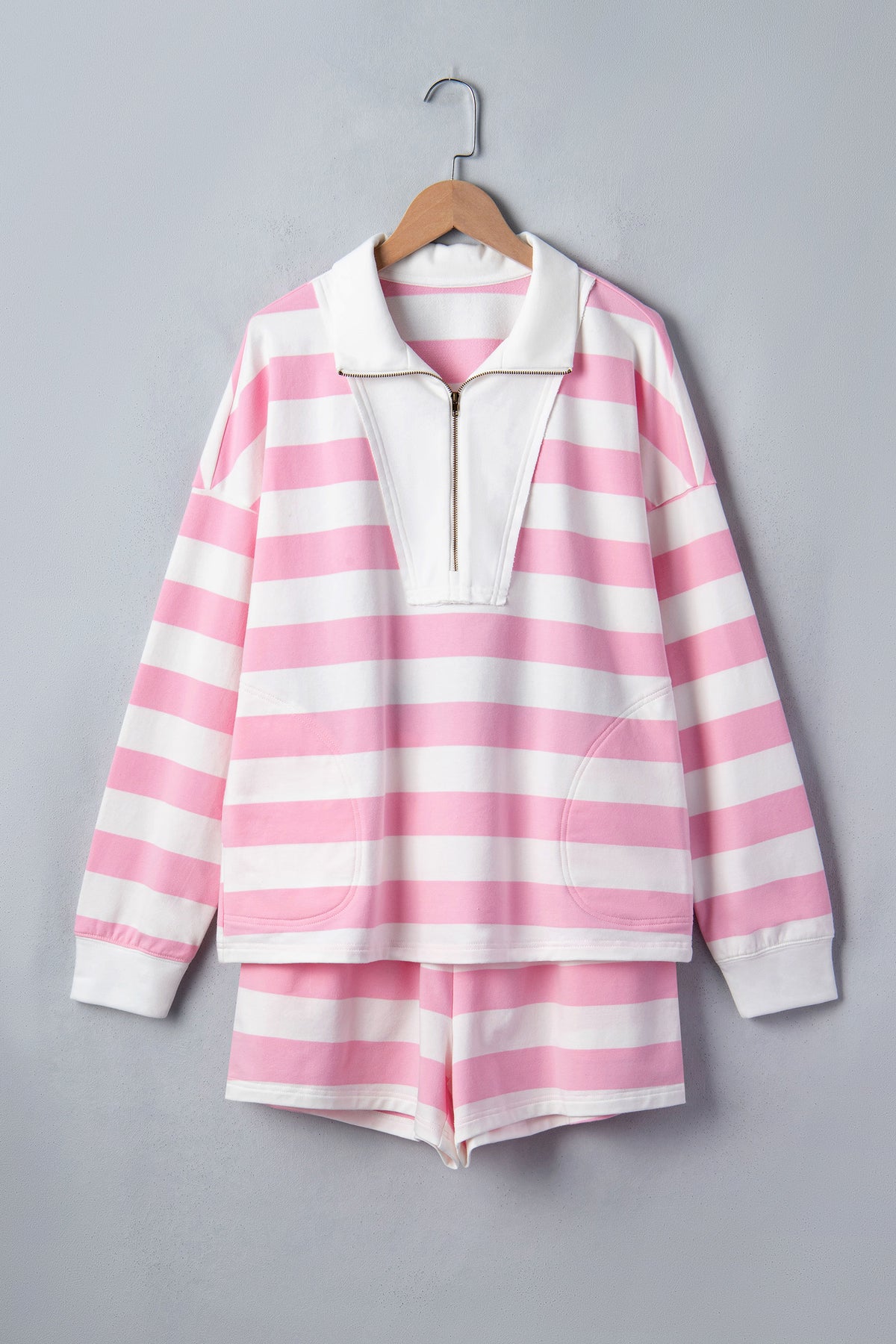 Pink stripe patchwork zipper pullover and elastic waist shorts set for women, Dear-Lover two-piece short set in cotton blend fabric.