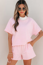 Pink stripe two-piece casual set featuring cuffed sleeve contrast mock neck tees from Dear-Lover, made of cotton and elastane.