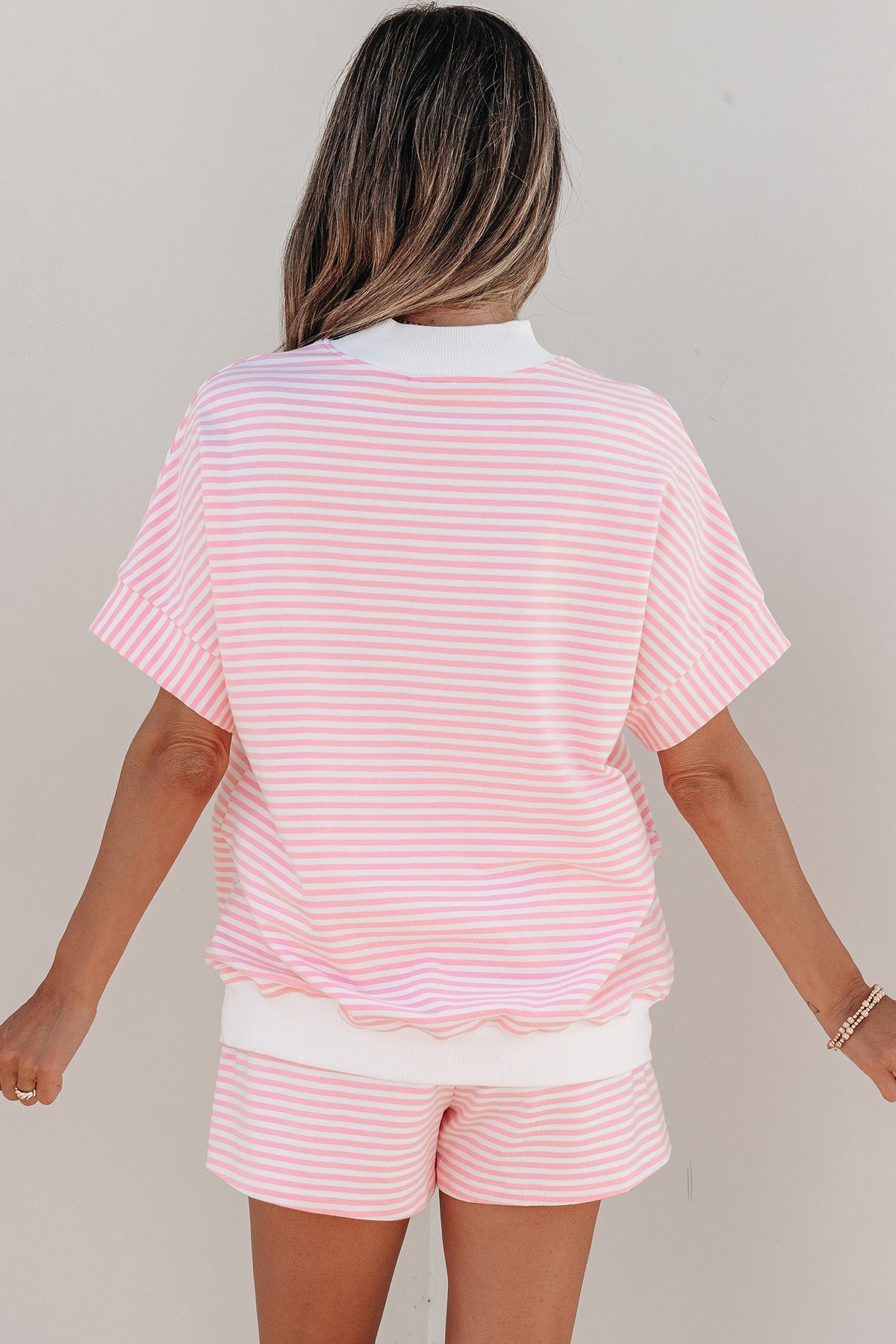 Pink stripe two-piece set with cuffed sleeve contrast mock neck tee and shorts, casual Dear-Lover cotton elastane fabric.