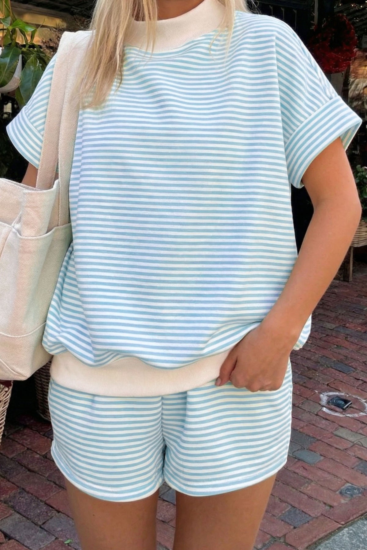 Pink stripe two-piece set with cuffed sleeve contrast mock neck tee by Dear-Lover, casual cotton-elastane short set.