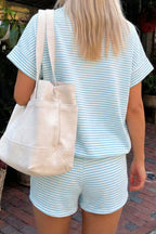 Pink stripe two-piece set with cuffed sleeve contrast mock neck tee by Dear-Lover, casual short set in cotton and elastane.