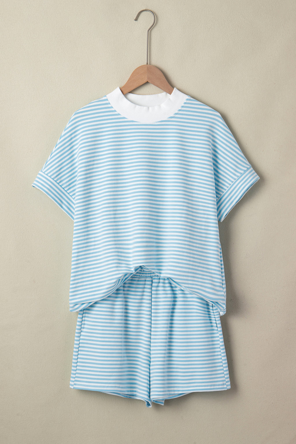Pink stripe two-piece set from Dear-Lover with cuffed sleeve contrast mock neck tee and casual shorts, made of cotton and elastane.