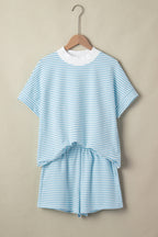 Pink stripe two-piece set from Dear-Lover with cuffed sleeve contrast mock neck tee and casual shorts, made of cotton and elastane.