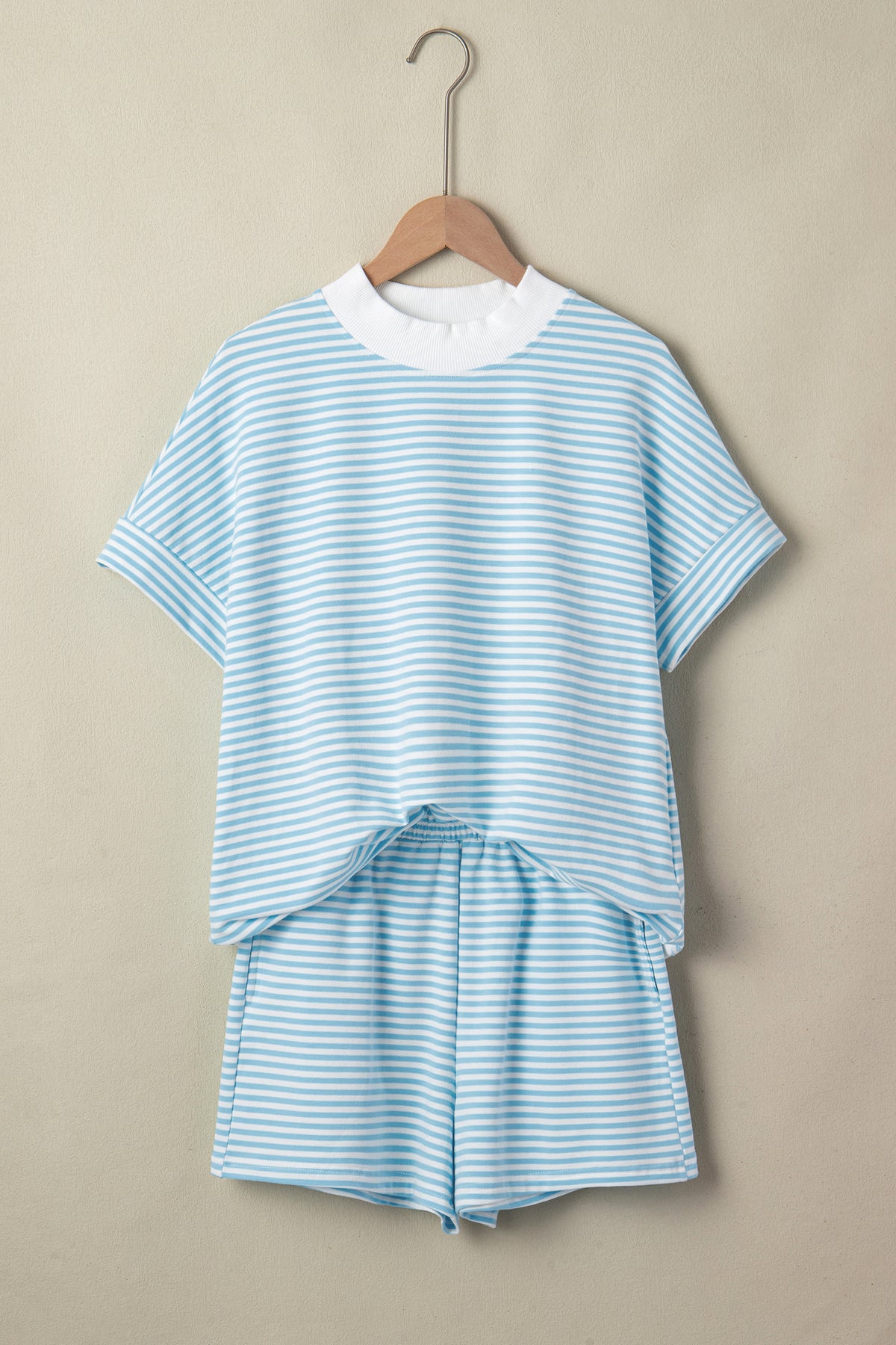 Pink stripe two-piece set from Dear-Lover with cuffed sleeve contrast mock neck tee and casual shorts, made of cotton and elastane.