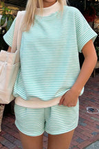 Pink stripe two-piece set with cuffed sleeve contrast mock neck tee by Dear-Lover, casual short set with cotton-elastane fabric.