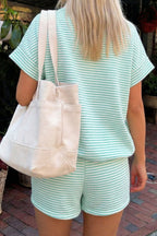 Dear-Lover pink stripe two-piece set with cuffed sleeve contrast mock neck tee and matching shorts, casual cotton-elastane fabric.