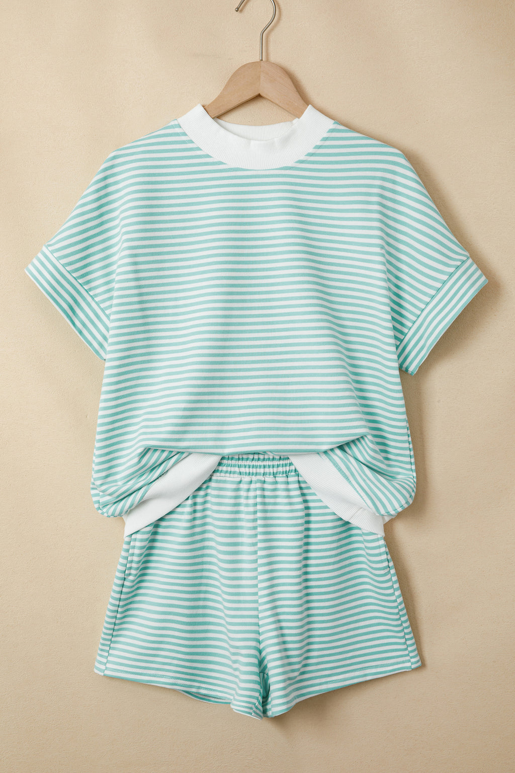 Dear-Lover pink stripe two-piece set with cuffed sleeves and contrast mock neck tee, casual cotton-elastane short set for women.