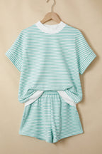 Dear-Lover pink stripe two-piece set with cuffed sleeves and contrast mock neck tee, casual cotton-elastane short set for women.