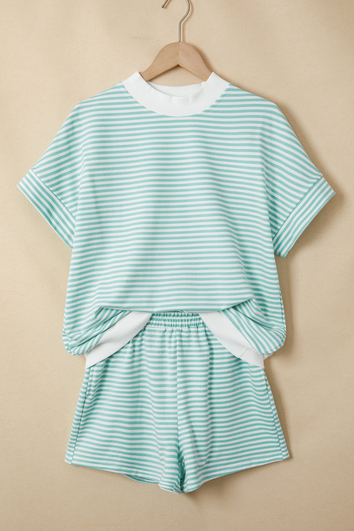 Dear-Lover pink stripe two-piece set with cuffed sleeves and contrast mock neck tee, casual cotton-elastane short set for women.