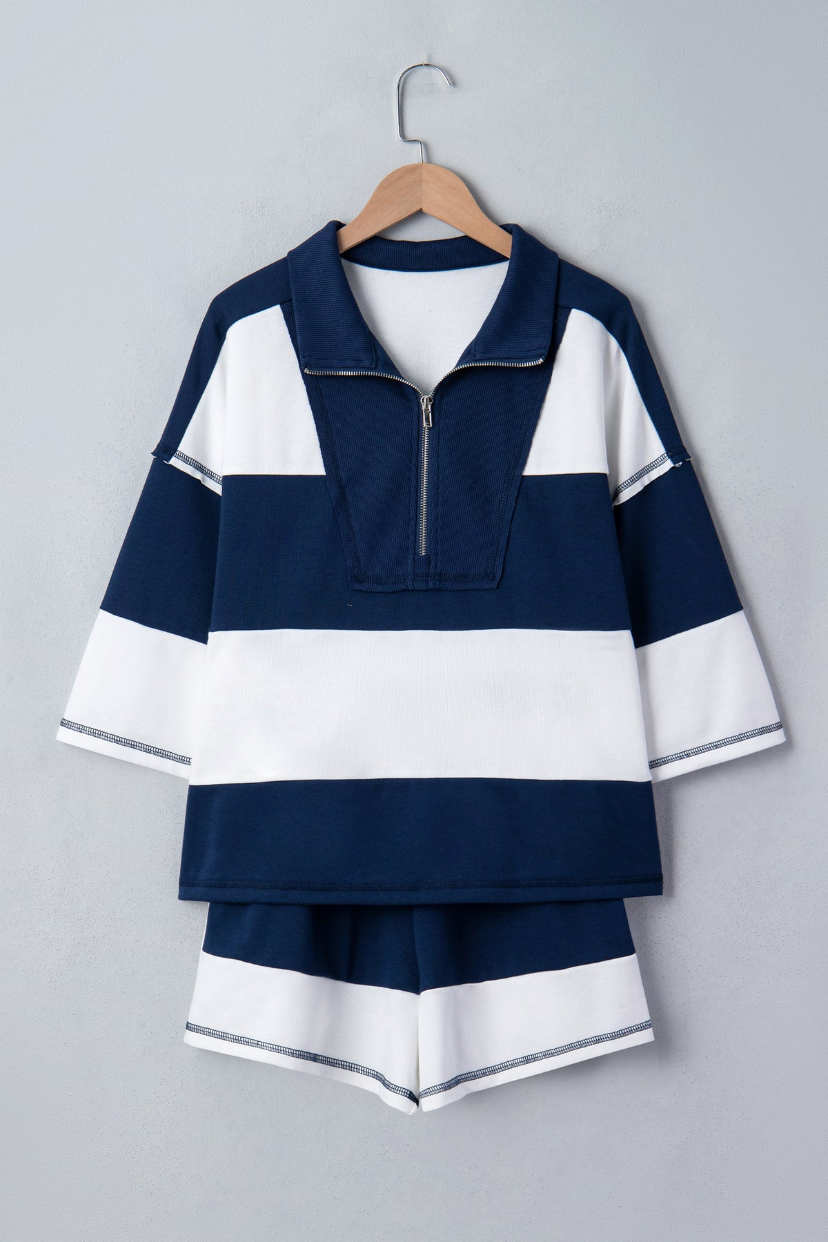 Prussian blue Chicory Coffee two-piece set with exposed seam detail, half-sleeve top and elastic waist shorts from Dear-Lover.