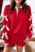 Dear-Lover racing red striped collar patchwork satin bow sweatshirt and shorts set, two-piece casual summer outfit for women.