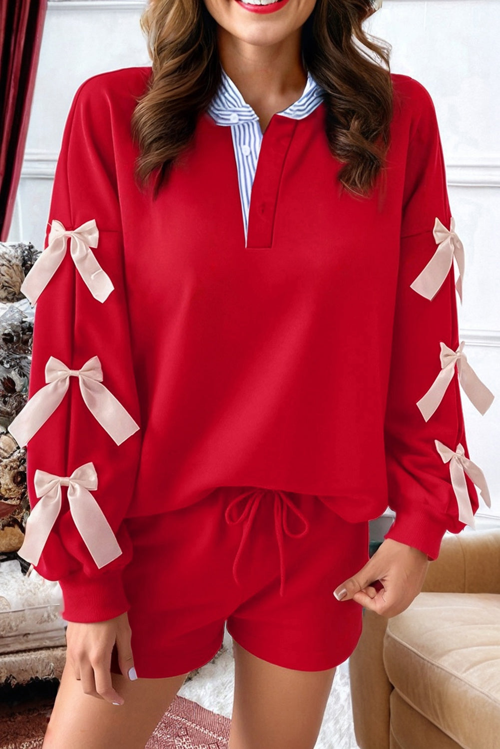 Dear-Lover racing red striped collar patchwork satin bow sweatshirt and shorts set, two-piece casual summer outfit for women.