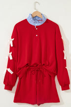 Racing Red striped collar patchwork satin bow sweatshirt and shorts set, Dear-Lover two-piece short set for women.