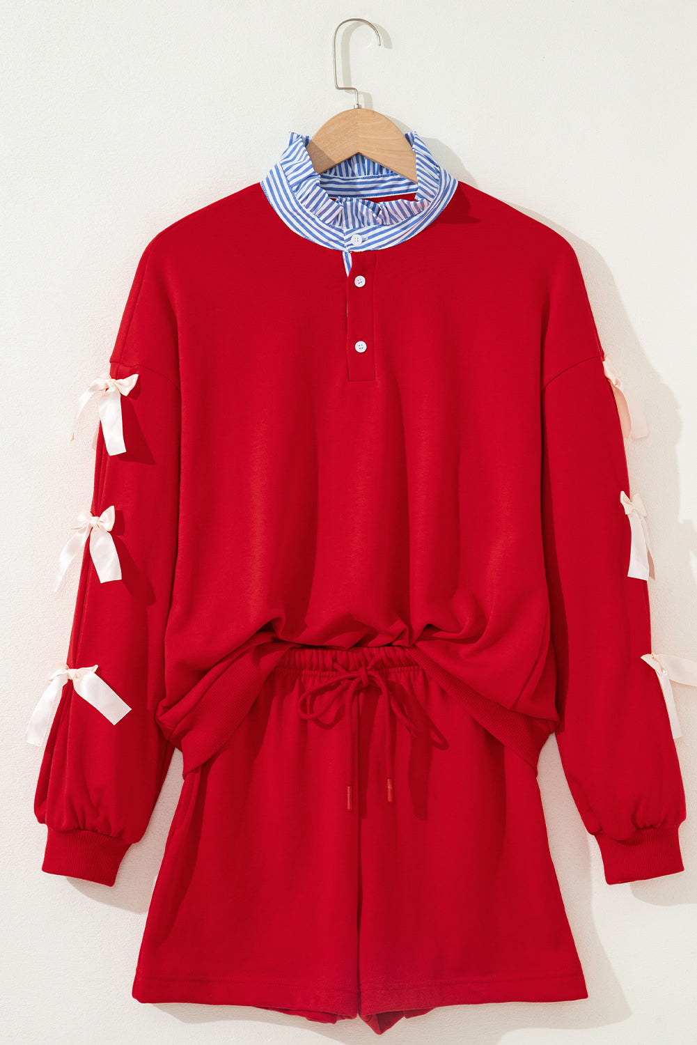Racing Red striped collar patchwork satin bow sweatshirt and shorts set, Dear-Lover two-piece short set for women.
