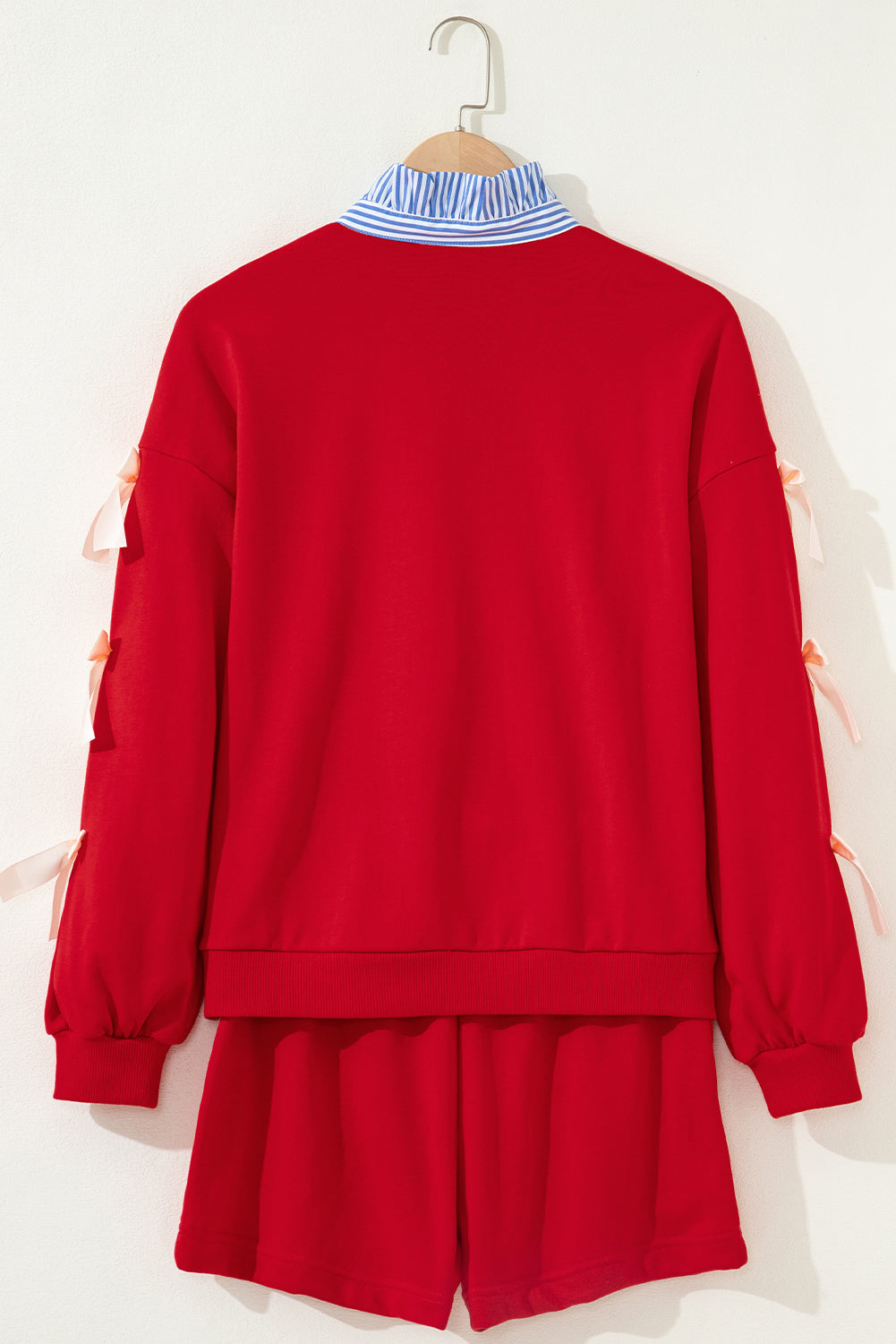 Racing Red striped collar patchwork satin bow sweatshirt and shorts set by Dear-Lover, casual two-piece outfit for women.