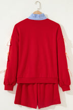 Racing Red striped collar patchwork satin bow sweatshirt and shorts set by Dear-Lover, casual two-piece outfit for women.