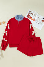 Racing Red striped collar patchwork satin bow sweatshirt and shorts set by Dear-Lover, two-piece casual summer outfit for women.