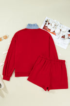 Racing Red Striped Collar Patchwork Satin Bow Sweatshirt and Shorts Set by Dear-Lover, featuring a stylish two-piece design and satin details.