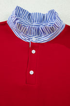 Racing Red Striped Collar Patchwork Satin Bow Sweatshirt and Shorts Set by Dear-Lover, made of polyester and cotton, two-piece casual outfit.