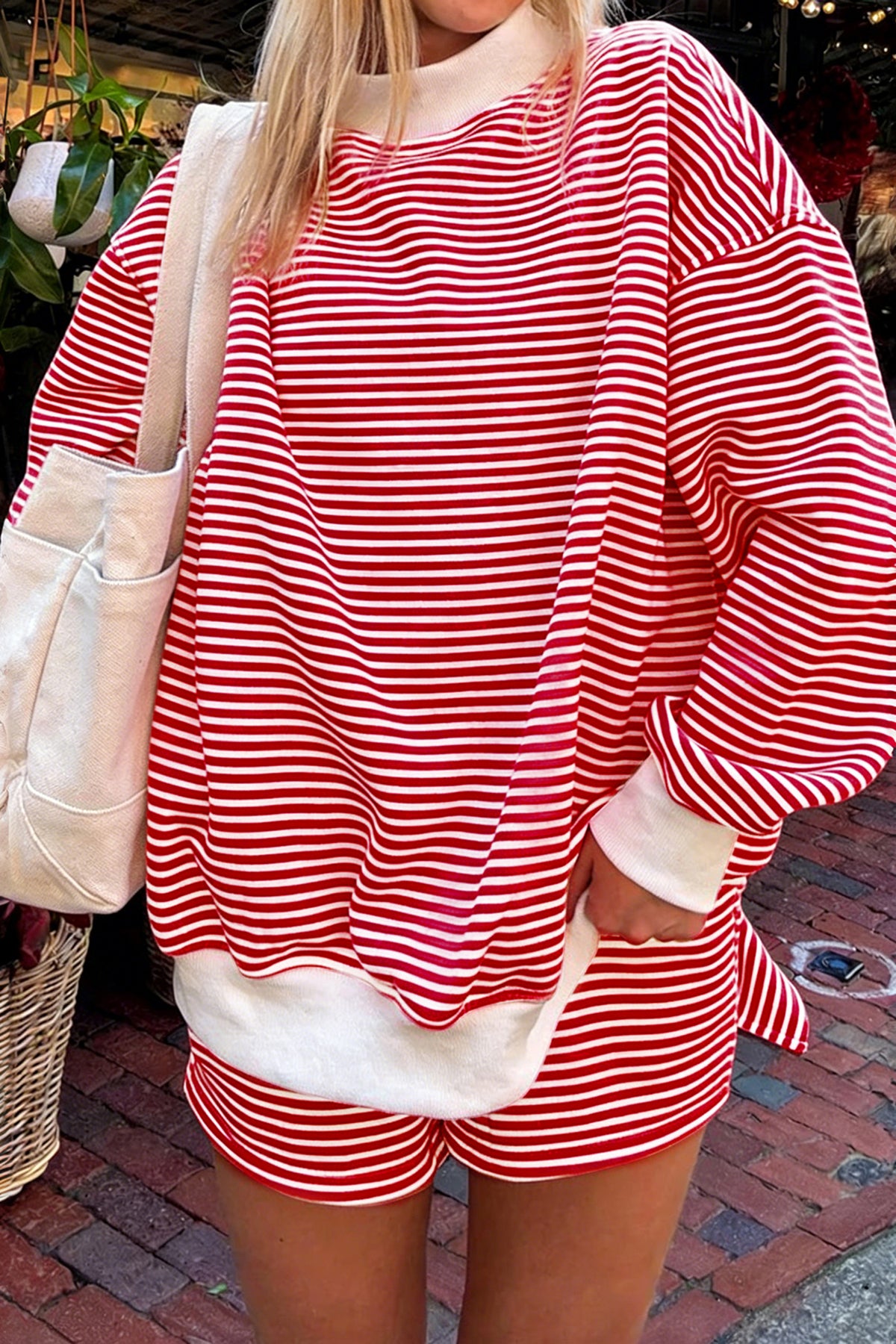 Red stripe oversized mock neck sweatshirt and shorts set by Dear-Lover, made of cotton and elastane, casual two-piece outfit.