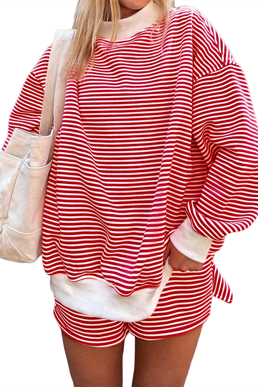 Red stripe oversized mock neck sweatshirt and matching shorts set by Dear-Lover, casual two-piece cotton and elastane outfit.
