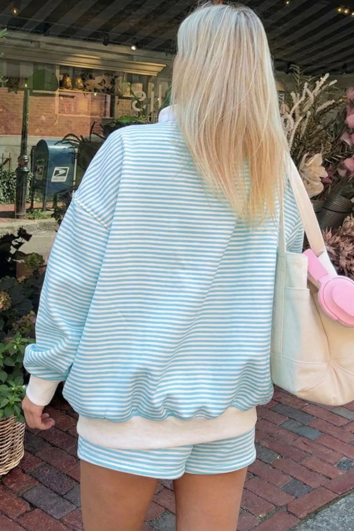 Red Stripe Dear-Lover oversized mock neck sweatshirt and matching shorts set in cotton-elastane fabric, casual loungewear look.