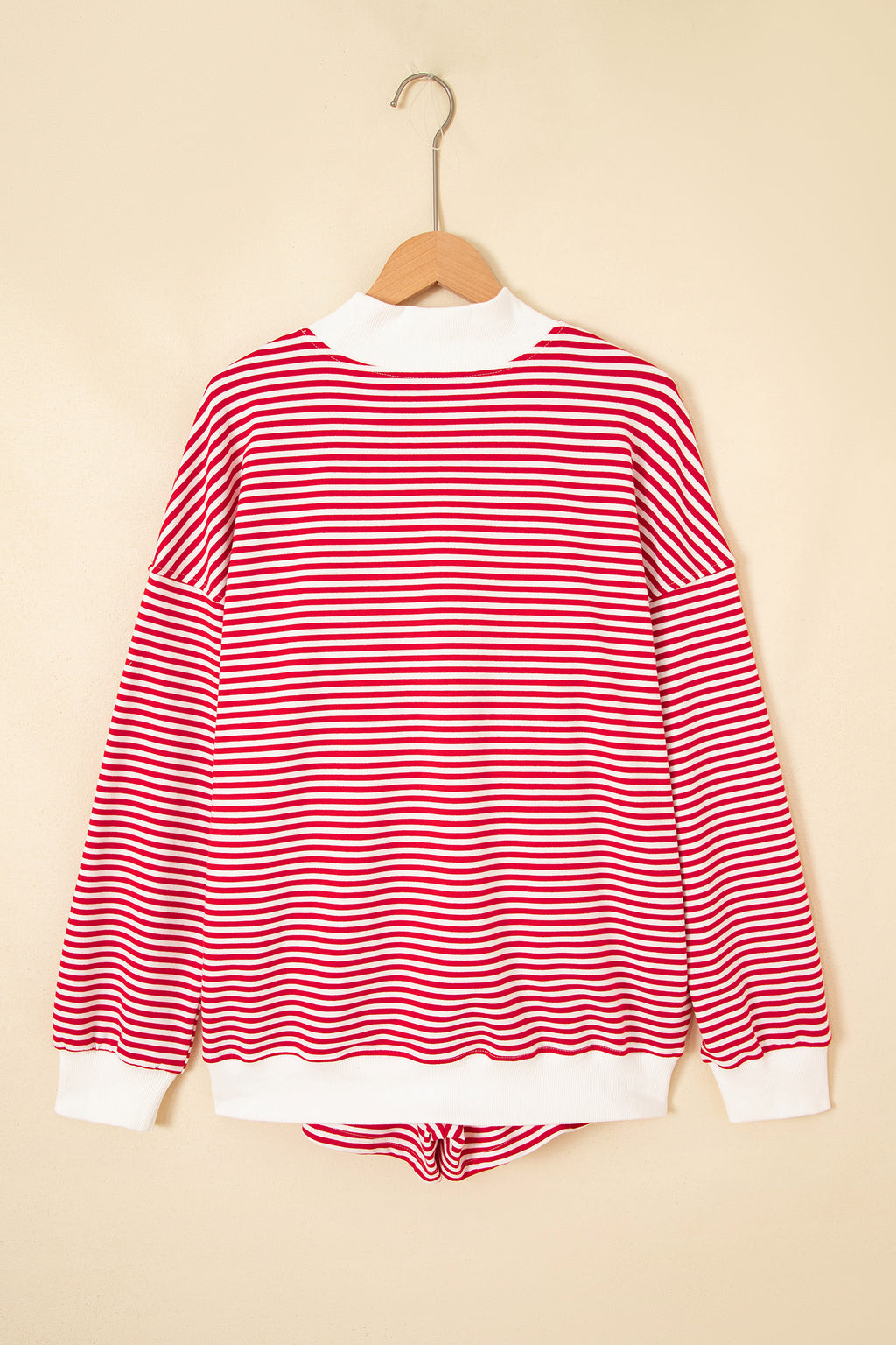 Red stripe oversized mock neck sweatshirt and shorts set by Dear-Lover, casual two-piece loungewear for women.