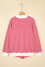 Red stripe oversized mock neck sweatshirt and shorts set by Dear-Lover, casual two-piece loungewear for women.