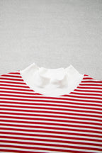 Red stripe oversized mock neck sweatshirt and shorts set by Dear-Lover, casual two-piece cotton and elastane loungewear ensemble.