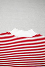 Red stripe oversized mock neck sweatshirt and shorts set by Dear-Lover, casual two-piece cotton and elastane short set.