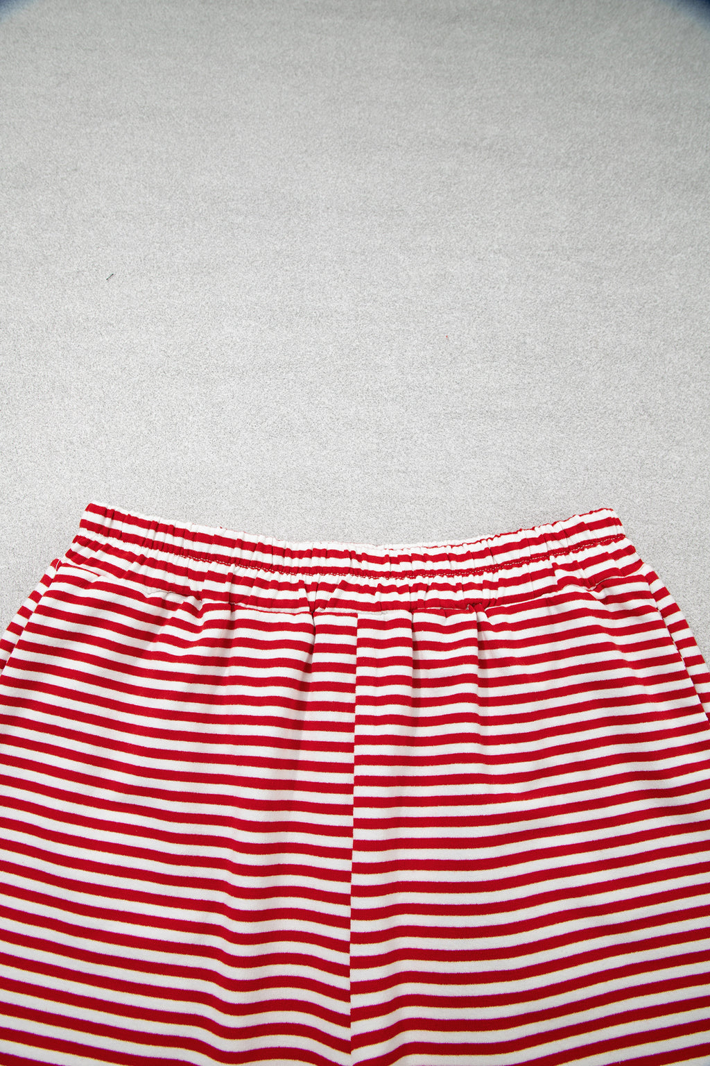 Red stripe oversized mock neck sweatshirt and shorts set by Dear-Lover, made of cotton and elastane, casual two-piece outfit.