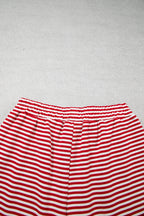 Red stripe oversized mock neck sweatshirt and shorts set by Dear-Lover, casual two-piece cotton and elastane athletic loungewear.