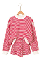 Red Stripe oversized mock neck sweatshirt and shorts set by Dear-Lover, made of cotton and elastane, casual two-piece outfit.