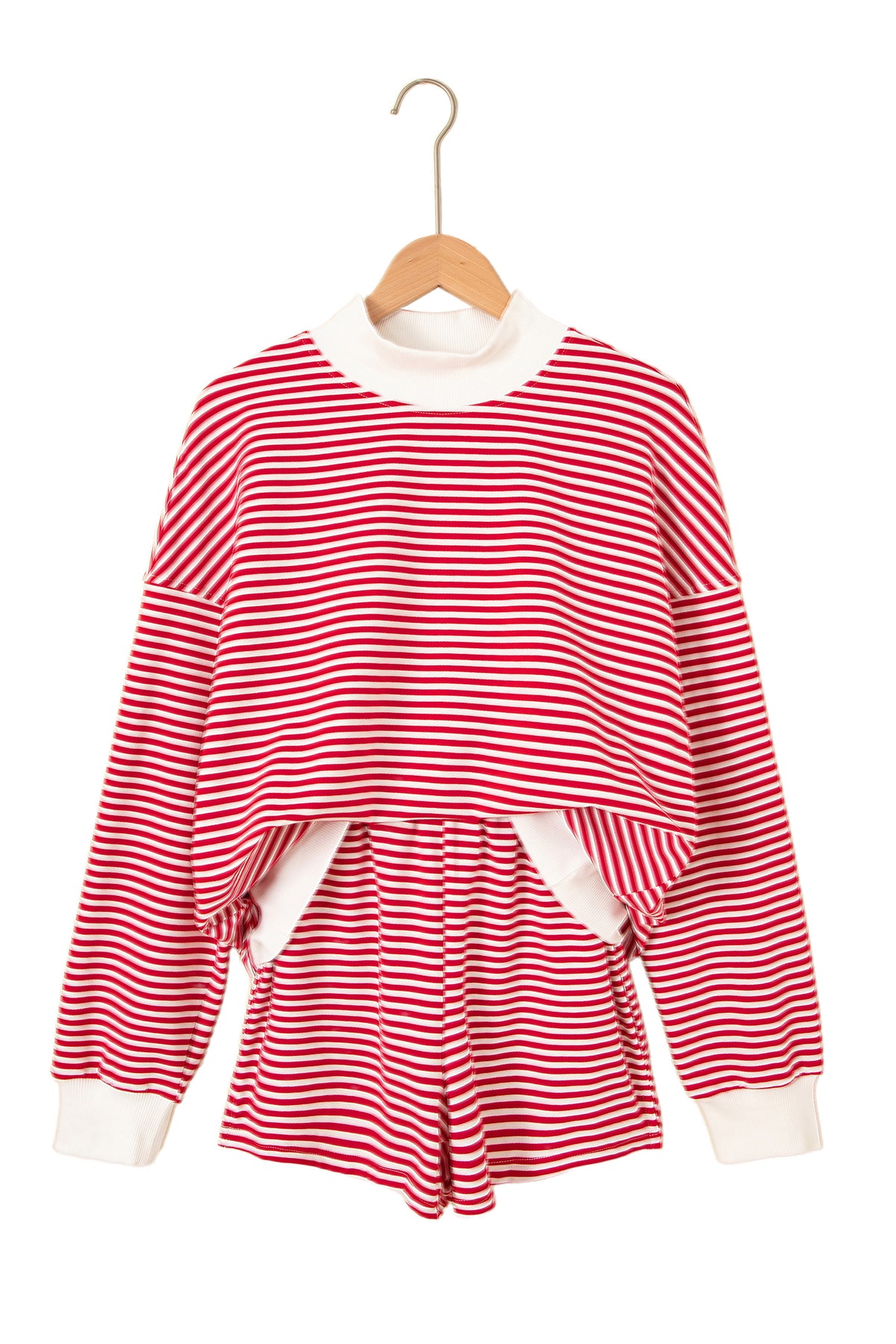 Red Stripe oversized mock neck sweatshirt and shorts set by Dear-Lover, made of cotton and elastane, casual two-piece outfit.