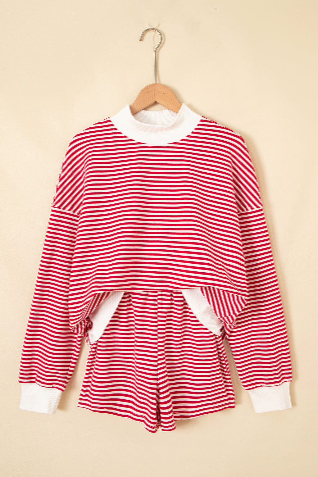 Red stripe oversized mock neck sweatshirt and shorts set by Dear-Lover, made of cotton and elastane, casual two-piece outfit.