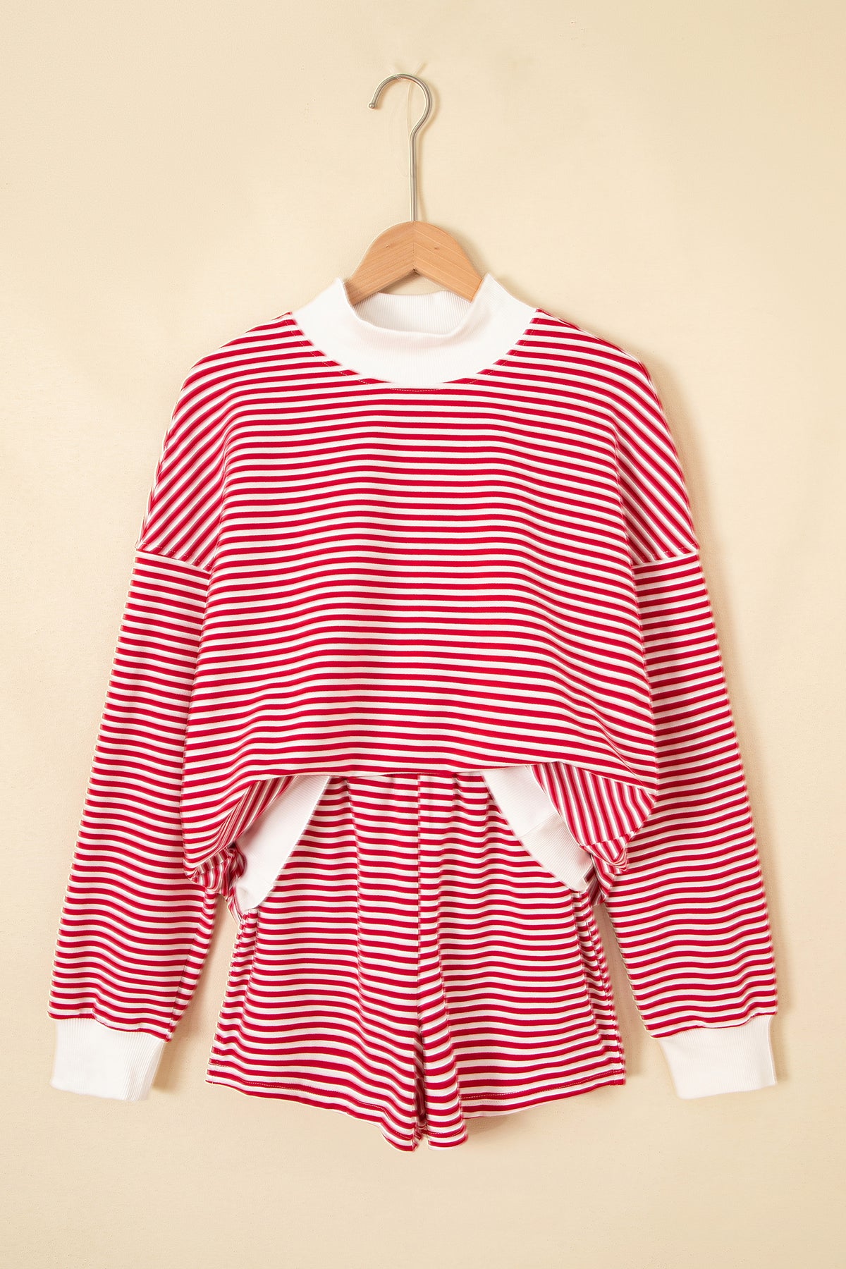 Red stripe oversized mock neck sweatshirt and shorts set by Dear-Lover, made of cotton and elastane, casual two-piece outfit.