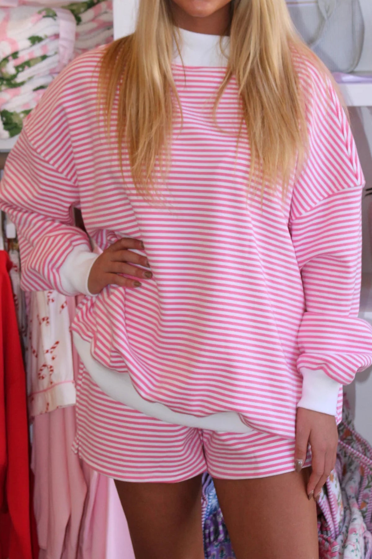 Red stripe oversize mock neck sweatshirt and matching shorts set by Dear-Lover, casual two-piece cotton and elastane outfit.