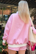 Red stripe oversized mock neck sweatshirt and shorts set by Dear-Lover Dropshipping, casual two-piece cotton and elastane outfit.