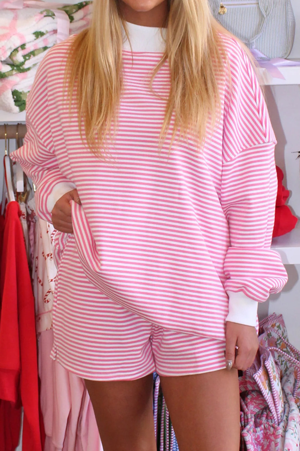 Red stripe oversized mock neck sweatshirt and shorts set by Dear-Lover, casual two-piece cotton and elastane loungewear ensemble.
